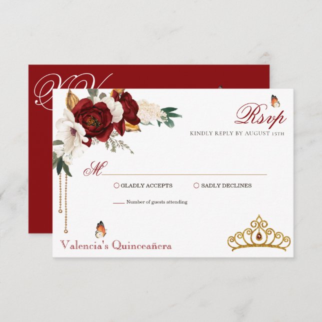 Cartão RSVP Rosas vermelhas Borgonhetas Douradas Tiara Quincea (Frente/Verso)