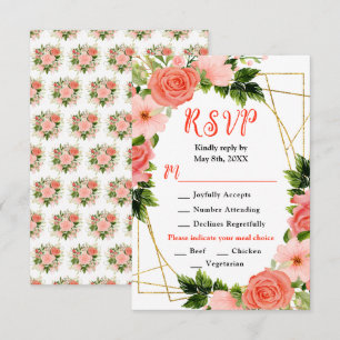 Cartão RSVP Rosas Vermelhas Corais com Folhagem