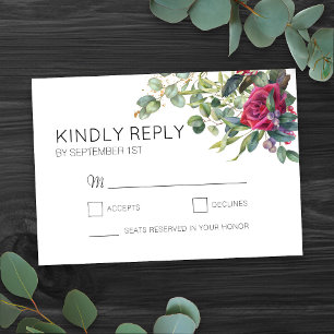 Cartão RSVP Rosas Vermelhas e Simples Casamento de Eucalipto