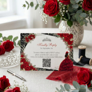 Cartão RSVP Rosas Vermelhas Elegantes e Tiara de Prata Quincea