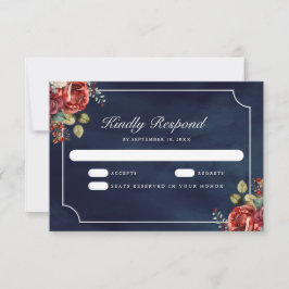 Cartão RSVP Rosas Vermelhas Floral Casamento Azul Marinho