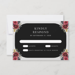 Cartão RSVP Rosas Vermelhas Listras Cinzas Casamento Gótico Pr