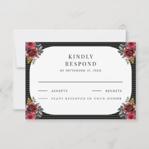 Cartão RSVP Rosas Vermelhas Listras Pretas Casamento Gótico