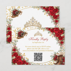 Cartão RSVP Rosas Vermelhas Ocidentais Quinceañera País Dourad