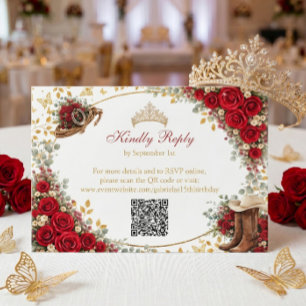 Cartão RSVP Rosas Vermelhas Ocidentais Quinceañera País Dourad
