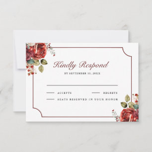 Cartão RSVP Rosas Vermelhas Românticas Florais Casamento