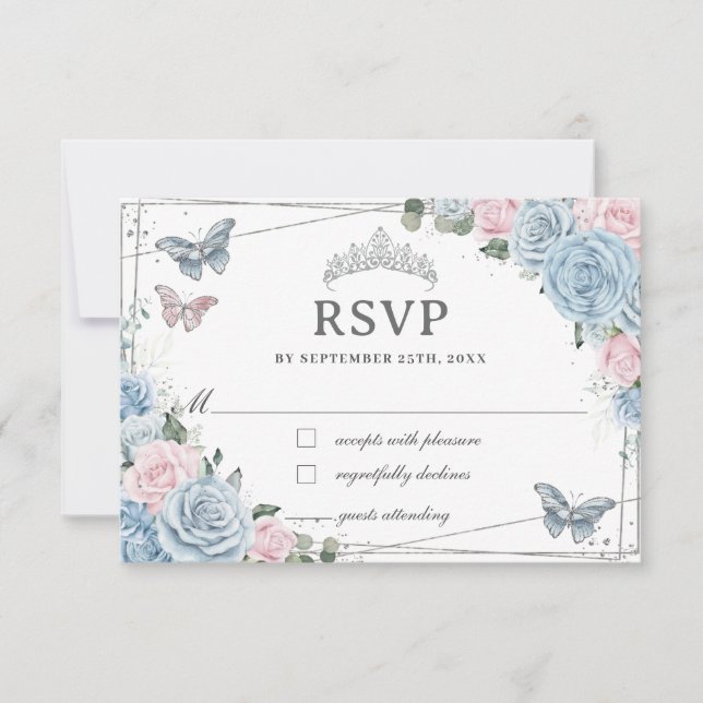 Cartão RSVP Rosas Vermelhos Cor-de-rosa Suave Quinceañera (Frente)