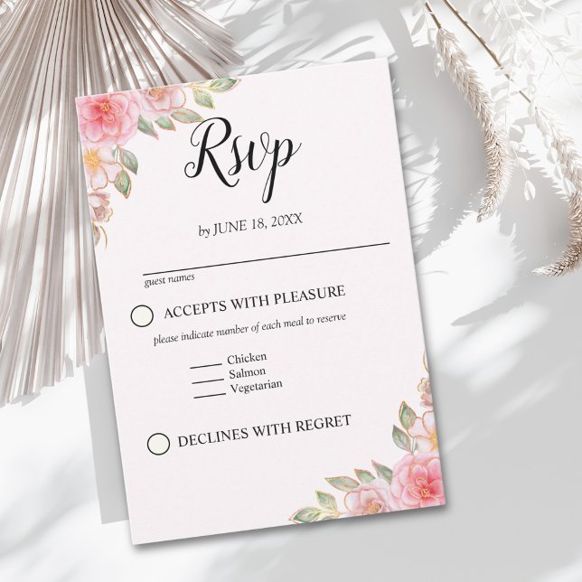 Cartão RSVP Rose-Tinted Watercolor and Gold Modern Wedding (Criador carregado)