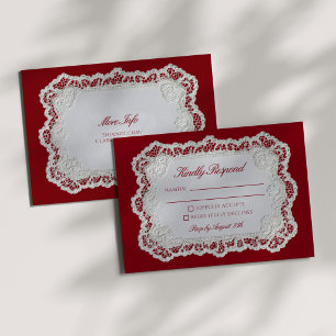 Cartão RSVP Rouge Vermelho Old Money Renda Casamento + Detalhe