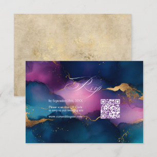Cartão RSVP Roxo, Azul e Dourado Código QR de Tinta Alcoólica