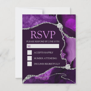 Cartão RSVP Roxo e Prata Glitter Ágata Sweet Sixteen