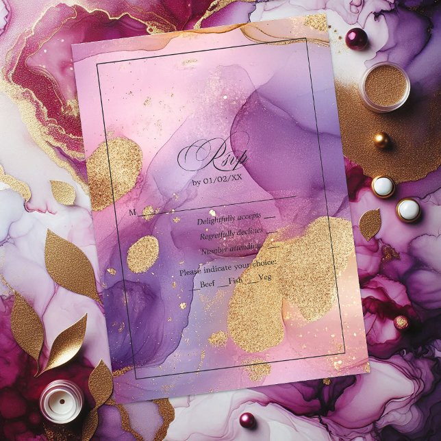 Cartão RSVP Roxo Elegante e Tinta Alcoólica Dourada (Elegant Purple and Gold Flowing Alcohol Ink RSVP Card)