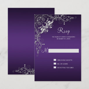 Cartão RSVP Roxo Escuro com Redemoinhos Florais Prateados Orna