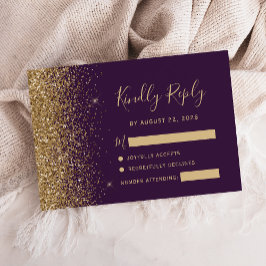 Cartão RSVP Roxo Escuro Moderno Dourado Falso Brilho Borda