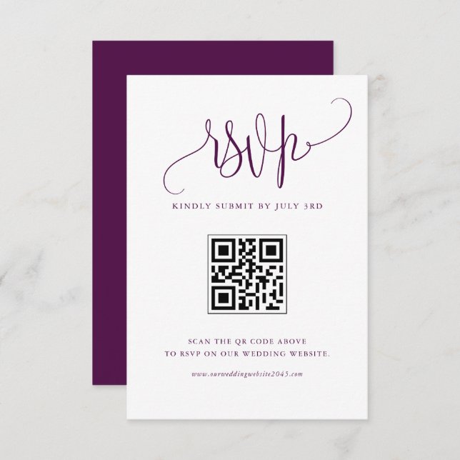 Cartão RSVP Roxo Fazemos Código QR de Casamento de Caligrafia  (Frente/Verso)