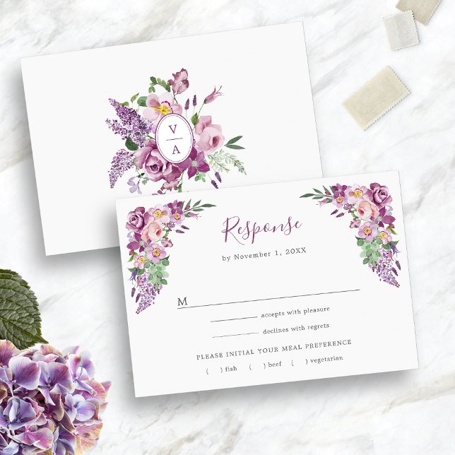 Cartão RSVP Roxo Floral (Watercolor Lavender Floral Purple RSVP Card
)