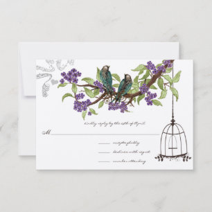 Cartão RSVP Roxo Flores de Cerejeira Azul-Esverdeado Pássaros