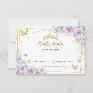 Cartão RSVP Roxo Lilás Lavanda Floral Dourado 15 Quinceañera