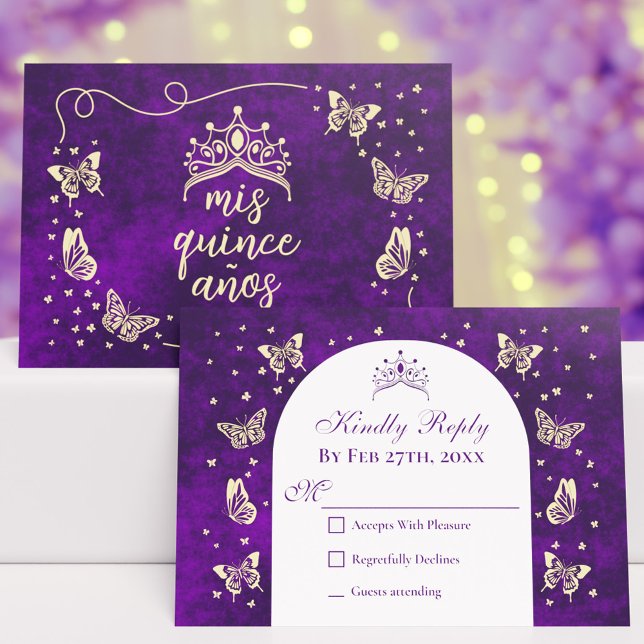 Cartão RSVP Roxo Moderno Dourado Tiara Borboletas Quinceañera (Modern Purple Gold Tiara Butterflies Quinceañera RSVP Card)