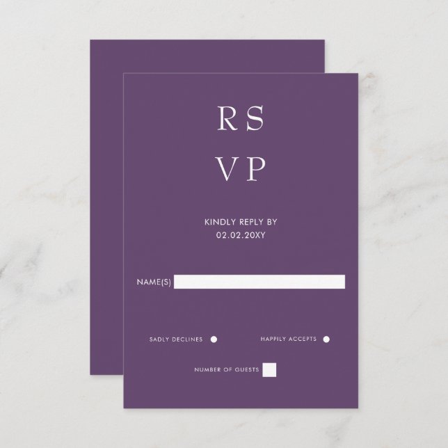 Cartão RSVP Roxo Moderno Mínimo Elegante Simples (Frente/Verso)