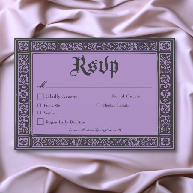 Cartão RSVP Roxo Negro Gótico Medieval até Casamento da Morte (Gothic Black Purple Medieval Until Death Wedding RSVP Card)
