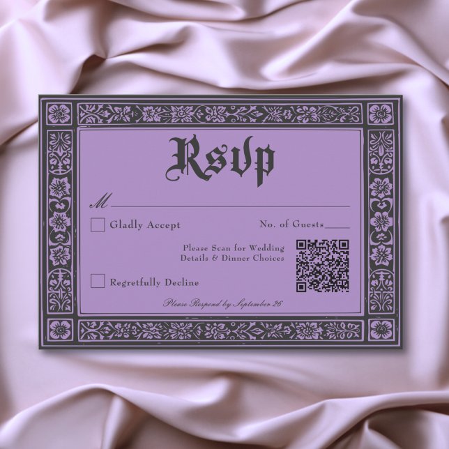 Cartão RSVP Roxo Negro Gótico Medieval até Casamento da Morte (Gothic Black Purple Medieval Until Death Wedding RSVP Card)