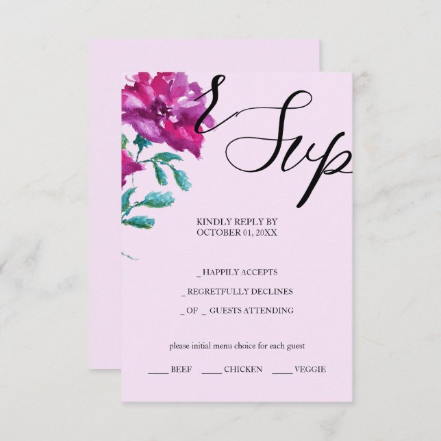 Cartão RSVP Roxo-Rosa de-Aquarela Artística pintada à mão (Frente/Verso)
