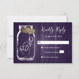 Cartão RSVP Roxo Rústico Coração de Madeira Jarro de Casamento