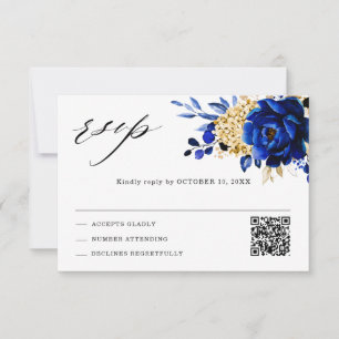 Cartão RSVP Royal Azul Amarelo Dourado Floral Casamento QR 