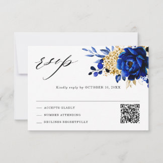Cartão RSVP Royal Azul Amarelo Dourado Floral Casamento QR