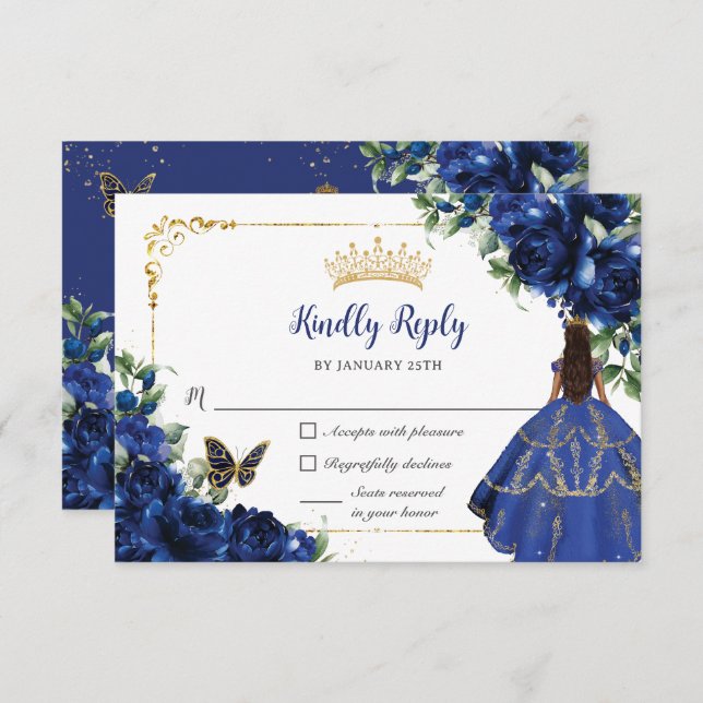 Cartão RSVP Royal Blue Butterflies Princesa Dourada Quinceañer (Frente/Verso)