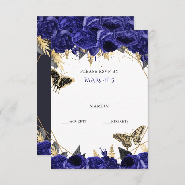 Cartão RSVP Royal Blue Dourado Floral Borboletas Quinceanera (Frente/Verso)
