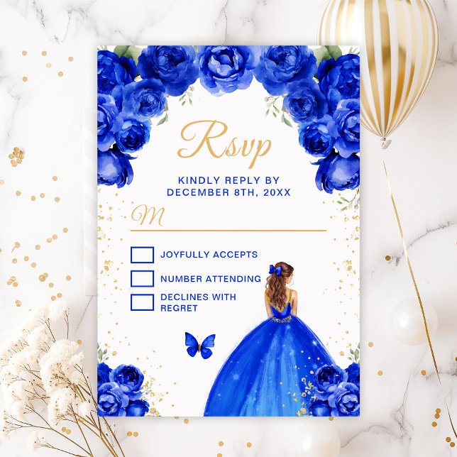 Cartão RSVP Royal Blue e Dourada Princesa do Cabelo Castanho (Criador carregado)