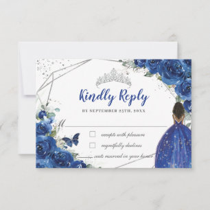 Cartão RSVP Royal Blue Floral Brown Princess Quinceañera XV 16