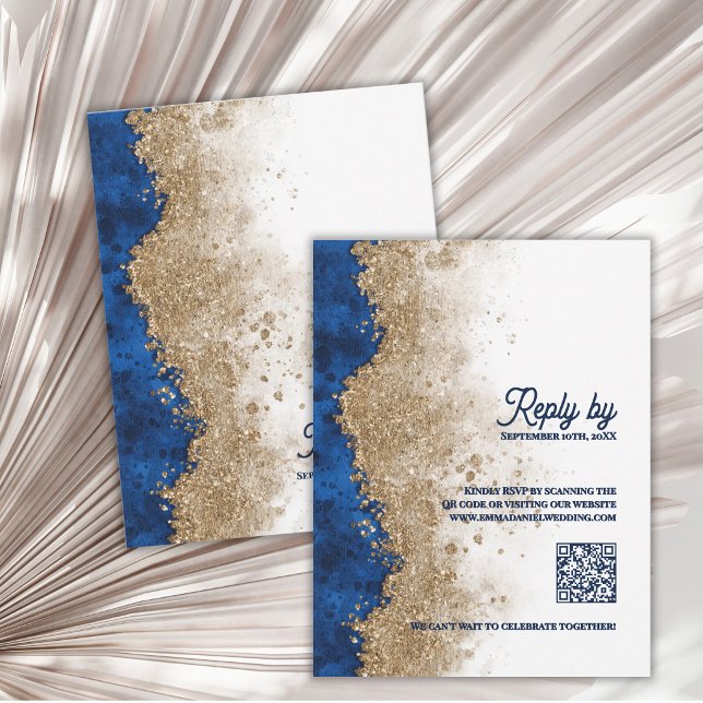 Cartão RSVP Royal Blue Gold QR Code Luxury Wedding Reply By (Royal Blue Gold QR Code RSVP Card Luxury Navy Blue Wedding RSVP with QR Code)
