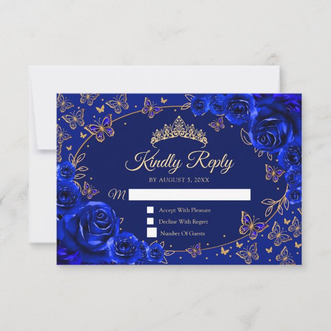 Cartão RSVP Royal Blue Gold Quinceanera Reply (Frente)