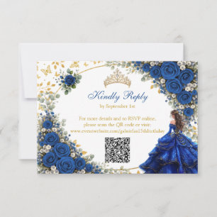 Cartão RSVP Royal Blue Golden Borboletas Quinceañera