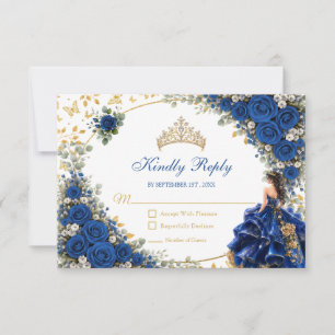 Cartão RSVP Royal Blue Golden Butterfly Quinceañera 