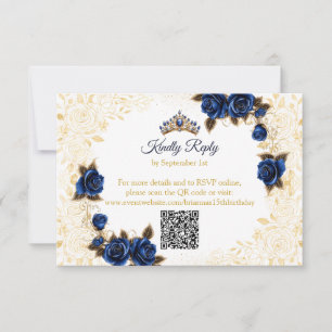 Cartão RSVP Royal Blue Golden Tiara Borboletas Quinceañera