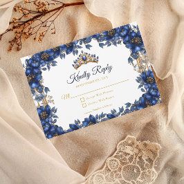 Cartão RSVP Royal Blue Golden Tiara Floral Quinceañera