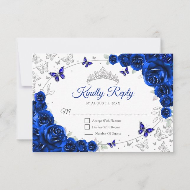 Cartão RSVP Royal Blue Silver Floral Quinceanera Reply (Frente)