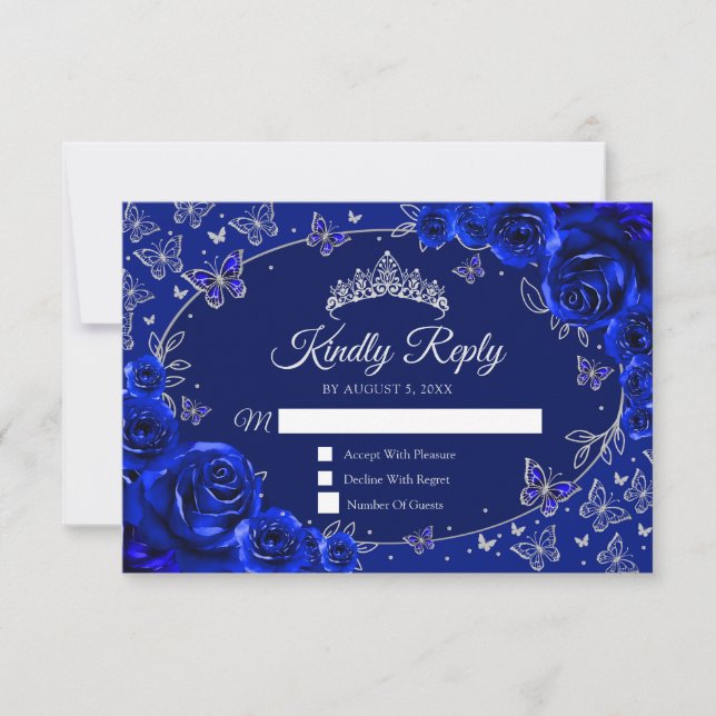 Cartão RSVP Royal Blue Silver Quinceanera Reply (Frente)