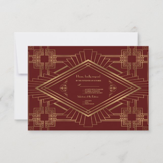 Cartão RSVP Royal Burgundy Dourado Excelente Gatsby Wedding (Frente)