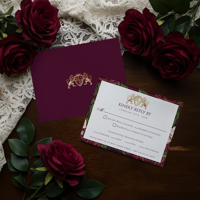 Cartão RSVP Royal Muse Medieval Lion Crest & Floral Weds (Royal Muse Medieval Lion Crest & Floral Wedding RSVP Card)