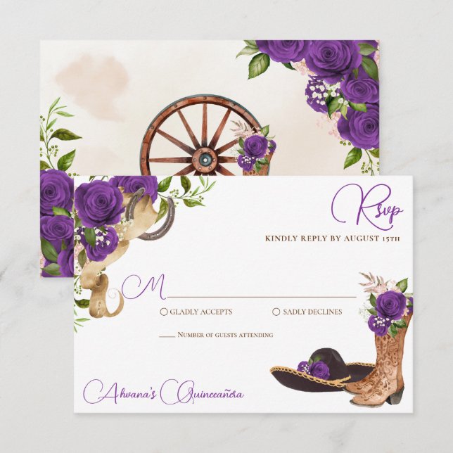 Cartão RSVP Royal Purple Violet Charro Western Quinceanera (Frente/Verso)