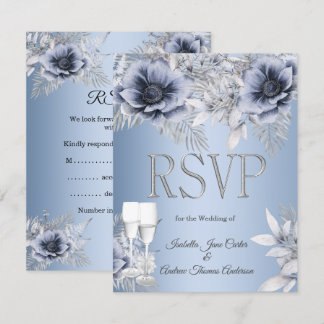 Cartão RSVP RSPV Casamento Buquê Floral Azul Prata Champanhe
