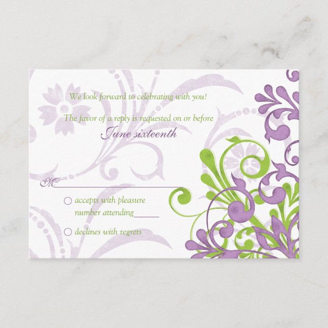 Cartão RSVP RSPV Casamento Floral Abstrato Verde Roxo Branco (Frente)