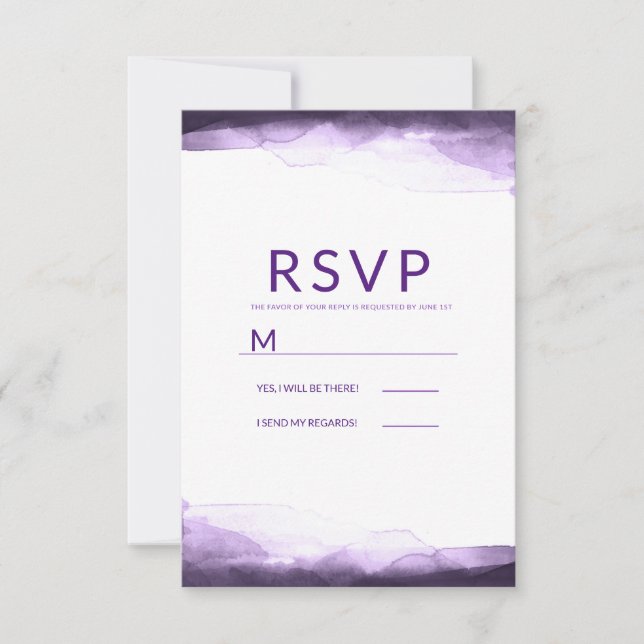 Cartão RSVP RSPV de casamento moderno em aquarela roxo ametist (Frente)