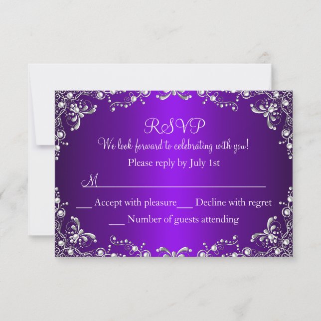 Cartão RSVP RSPV Sweet 16 Damask de Pérola Prateada Roxa (Frente)