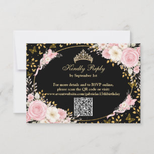 Cartão RSVP Rubor Rosa Preto e Dourado Borboleta Quinceañera